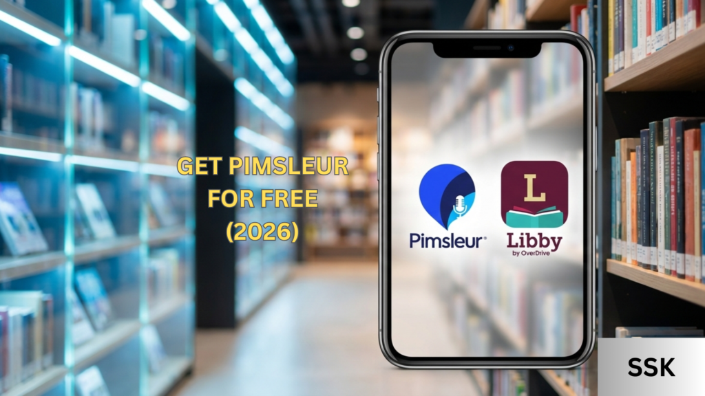 A smartphone displaying a Pimsleur language lesson on the Libby app next to a digital library card, illustrating free access to Pimsleur via public libraries in 2026